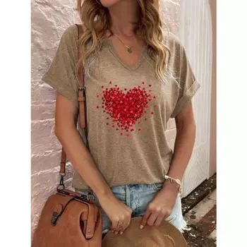 Летняя женская мода с принтом красного сердца и V-образным вырезом, свободная футболка с короткими рукавами для женщин S