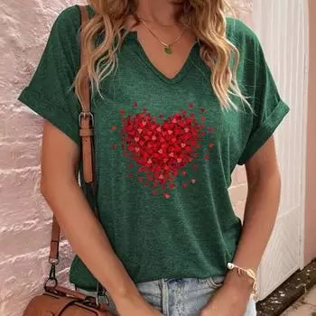 Летняя женская мода с принтом красного сердца и V-образным вырезом, свободная футболка с короткими рукавами для женщин S