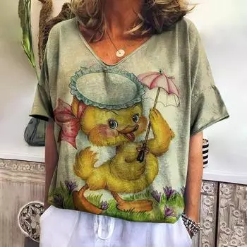 Летняя женская мода с V-образным вырезом футболка с принтом утки из мультфильма топы футболки женская повседневная одежда с коротким рукавом женская стильная уличная одежда S