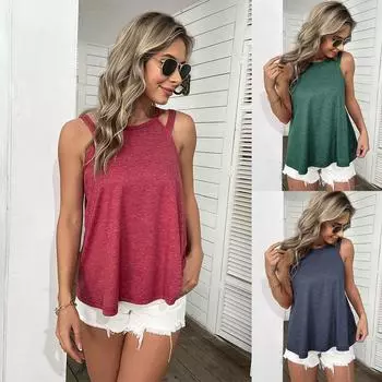 Летняя женская мода сплошной цвет бретелька свободная полая повседневная майка S зелёный