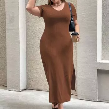 Летняя женская мода темпераментное платье с разрезом на талии и короткими рукавами, длинная юбка до бедер XXXL коричневый