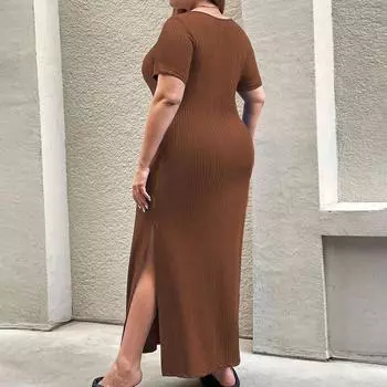 Летняя женская мода темпераментное платье с разрезом на талии и короткими рукавами, длинная юбка до бедер XXL коричневый