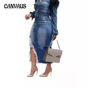 Летняя женская мода тренд личность нерегулярный пакет бедра джинсовая юбка S синий