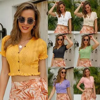 Летняя женская мода вязаный полый укороченный топ тонкий кардиган с рюшами футболка One size миндальный