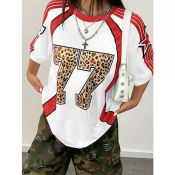 Летняя женская модная цветная леопардовая футболка с 3D-принтом и номером 77, графическая футболка с коротким рукавом, мужские футболки, женские топы S