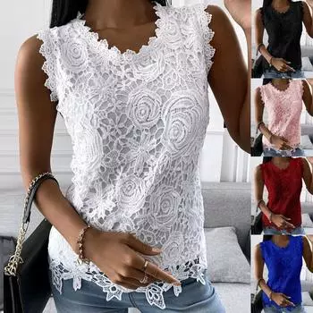 Летняя женская модная футболка без рукавов с круглым вырезом, однотонная повседневная модная кружевная жилетка, топ, блузка S красный