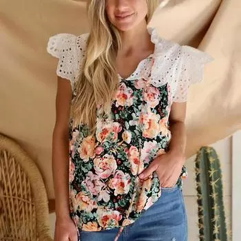Летняя женская модная футболка с цветочным принтом и кружевной строчкой, свободный топ без рукавов S