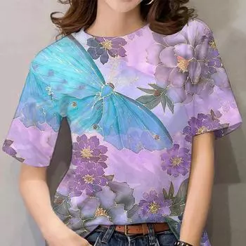 Летняя женская модная футболка с цветочным принтом и бабочкой, топы с круглым вырезом, футболки, женская повседневная одежда с коротким рукавом, женская роскошная уличная одежда S