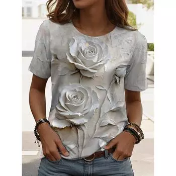 Летняя женская модная футболка с красивыми цветами, стильным принтом, повседневная, с коротким рукавом, с круглым вырезом, обычная XS