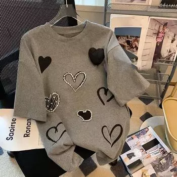 Летняя женская модная футболка с круглым вырезом и коротким рукавом с принтом в виде сердца XXL белый