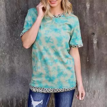 Летняя женская модная футболка с леопардовым принтом в стиле пэчворк, свободная футболка с круглым вырезом S зелёный
