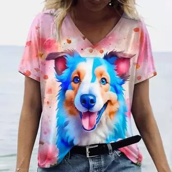 Летняя женская модная футболка с милым принтом собаки, топы с V-образным вырезом, футболки, женская повседневная одежда с коротким рукавом, стильная уличная одежда для женщин S