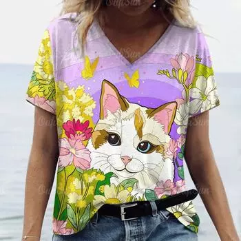Летняя женская модная футболка с милым принтом мультяшного кота, топы с V-образным вырезом, футболки, женская повседневная одежда с коротким рукавом, стильный женский наряд S