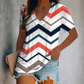 Летняя женская модная футболка с полосатым принтом и V-образным вырезом, футболки, женская винтажная одежда с коротким рукавом, женская повседневная повседневная одежда S