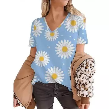 Летняя женская модная футболка с принтом в виде ромашки и цветка, топы с V-образным вырезом, футболки, женская повседневная одежда с коротким рукавом, женская винтажная уличная одежда 2XS