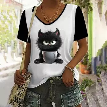 Летняя женская модная футболка с рисунком черного кота, топы с V-образным вырезом, футболки, женская повседневная одежда с коротким рукавом, стильная уличная одежда для женщин S