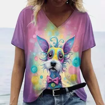 Летняя женская модная футболка с рисунком собаки из мультфильма, топы с V-образным вырезом, футболки, женская повседневная одежда с коротким рукавом, стильная уличная одежда для женщин S