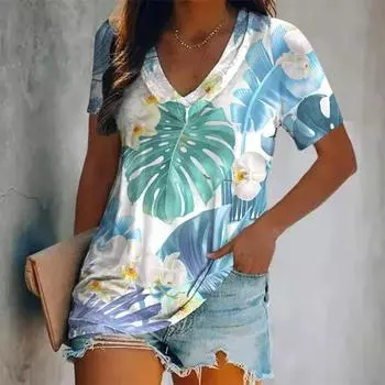 Летняя женская модная футболка с тропическими растениями, графические топы с V-образным вырезом, футболки, женская винтажная одежда с коротким рукавом, женская повседневная одежда S