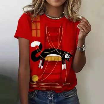 Летняя женская модная футболка с забавным рисунком мультяшного кота, топы с круглым вырезом, футболки, женская одежда с коротким рукавом, женская повседневная повседневная одежда S