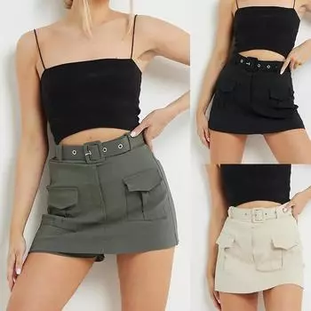 Летняя женская модная мини-юбка с высокой талией и карманами, декоративный пояс, рабочая юбка ярких цветов, вечерняя уличная трендовая короткая юбка S розы красного