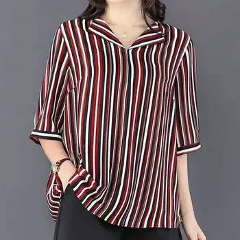 Летняя женская модная полосатая блузка, оверсайз, свободный пуловер с V-образным вырезом, рукав до локтя, повседневная женская универсальная шифоновая рубашка 2022 L красный