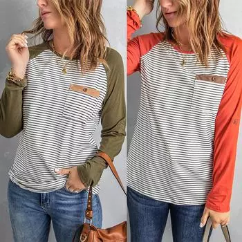 Летняя женская модная полосатая лоскутная футболка со свободным карманом и повседневным топом S оранжевый