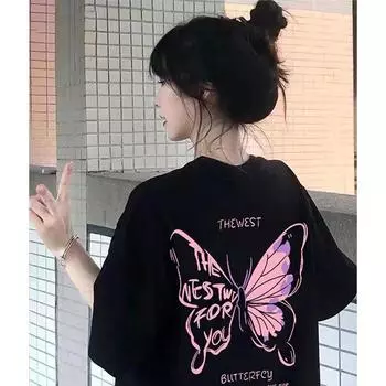 Летняя женская модная повседневная футболка с коротким рукавом и принтом бабочки