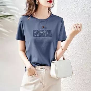 Летняя женская модная повседневная футболка с короткими рукавами и принтом розы