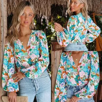 Летняя женская модная рубашка с цветочным принтом, свободный повседневный топ с рукавами-фонариками S