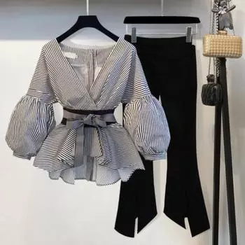 Летняя женская модная рубашка с длинными рукавами, широкие расклешенные брюки, костюм из двух предметов