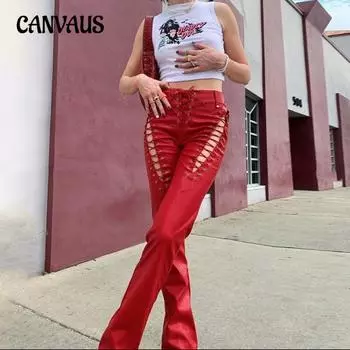Летняя женская модная тенденция: новые прямые узкие кожаные брюки с высокой талией и полыми лямками S красный