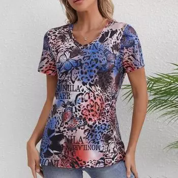 Летняя женская модная тенденция с леопардовым принтом и принтом бабочек, футболка с короткими рукавами и V-образным вырезом S