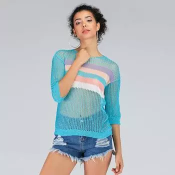 Летняя женская модная трикотажная рубашка с полыми рукавами Y2k, сетчатый топ с половиной рукавов One size синий