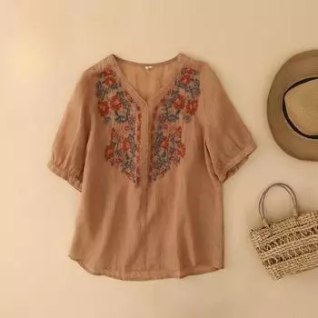 Летняя женская модная вышитая футболка-пуловер из хлопка и льна с V-образным вырезом XXXXL красный