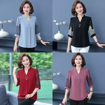 Летняя женская нижняя рубашка среднего и пожилого размера большого размера, женский свободный топ, одежда для мам, шифоновая рубашка со средними рукавами 5XL чёрный