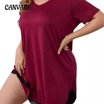 Летняя женская ночная рубашка больших размеров, сексуальная кружевная Свободная ночная рубашка с круглым вырезом и короткими рукавами, домашняя одежда 1XL вино красного