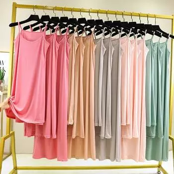 Летняя женская ночная рубашка на тонких бретельках атласная с круглым вырезом свободная нижняя юбка женская базовая одежда для сна повседневное платье-комбинация M