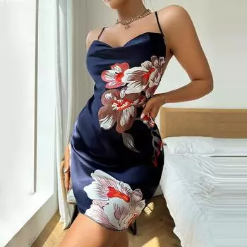 Летняя женская ночная рубашка с цветочным принтом и открытой спиной, с высокой талией, сексуальное короткое домашнее платье, дышащая легкая, мягкая стильная пижама для женщин S