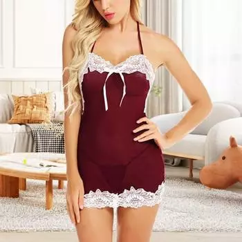 Летняя женская ночная рубашка с открытой спиной и бретелью через шею без рукавов, кружевная отделка, прозрачная сетка, контрастный цвет, ночная рубашка для спальни S фиолетовый