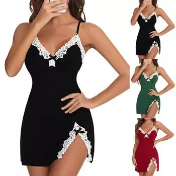 Летняя женская ночная рубашка с открытой спиной и глубоким V-образным вырезом, без рукавов, кружевная отделка, разрез по низу, ночная рубашка на тонких бретельках, для спальни, для медового месяца, свадебное платье 5XL красный