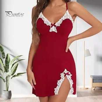 Летняя женская ночная рубашка с открытой спиной и глубоким V-образным вырезом, без рукавов, кружевная отделка, разрез по низу, ночная рубашка на тонких бретельках, для спальни, для медового месяца, для брачной ночи 4XL красный
