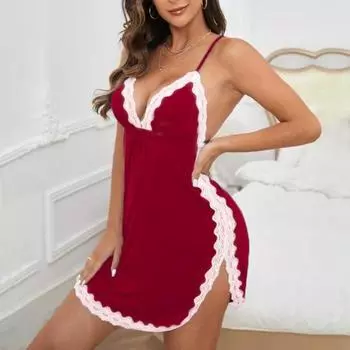 Летняя женская ночная рубашка с перекрестными бретелями сзади, глубокий V-образный вырез, без рукавов, кружевная отделка, разрез по низу, контрастный цвет, ночная рубашка для спальни, медового месяца, свадьбы L чёрный
