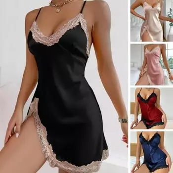 Летняя женская ночная рубашка с перекрестными бретелями сзади, глубокий V-образный вырез, без рукавов, атласная ночная рубашка с кружевной отделкой, разрез по низу, ночная рубашка для спальни, медового месяца, брачной ночи, платье-комбинация M