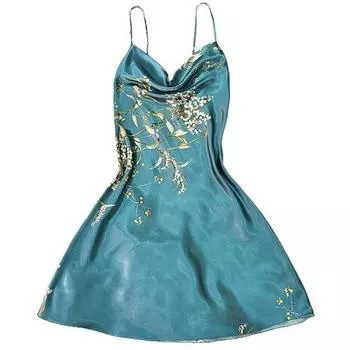 Летняя женская ночная рубашка с V-образным вырезом, шелковистая атласная, без рукавов, с принтом, на бретельках, с открытой спиной, мягкая S зелёный