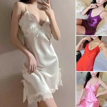 Летняя женская ночная рубашка с v-образным вырезом, бантом и кружевным декором, с разрезом по бокам, тонкая гладкая атласная ночная рубашка на подтяжках L белый