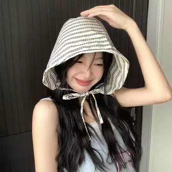 Летняя женская новая французская шляпа-ведро с большим карнизом, нишевая полосатая шляпа с изображением лица, маленькая универсальная, закрывающая лицо шляпа-ведро с козырьком от солнца M56-58cm