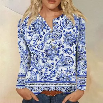 Летняя женская новая модная футболка с длинными рукавами и воротником на пуговицах, футболка с ретро-принтом, тонкий топ, повседневные топы XXXL