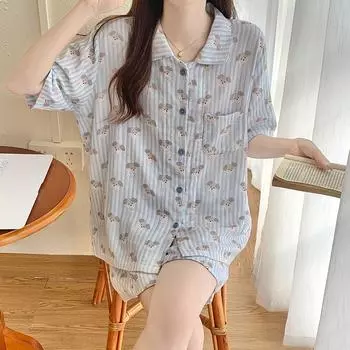 Летняя женская новая пижама, домашняя одежда, костюм для девочек, летние сетчатые красные шорты большого размера с короткими рукавами, тонкая летняя домашняя одежда M синий