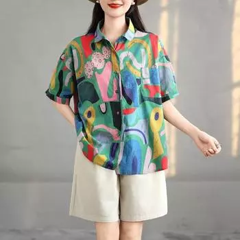 Летняя женская новая повседневная свободная однобортная рубашка с короткими рукавами и цветным принтом на лацканах Large size L зелёный