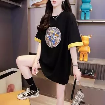 Летняя женская новая тонкая жаккардовая футболка с короткими рукавами и вышивкой в китайском национальном стиле M чёрный